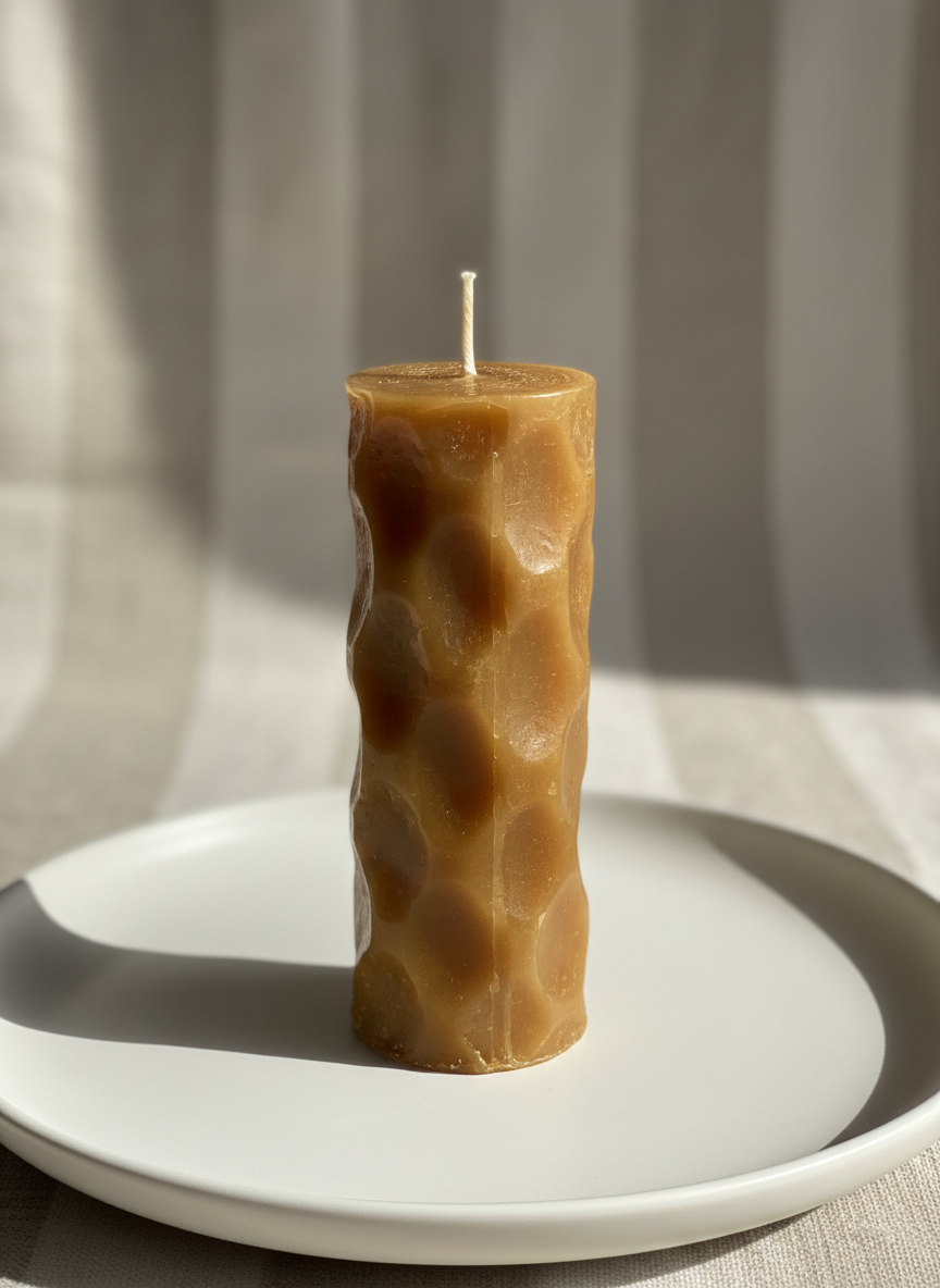 A single tall beeswax pillar candle in a rich, natural honey-gold tone, its surface showing subtle hand-poured ripples and faint traces of the mold seam, standing on a smooth matte white ceramic plate. The background is a softly blurred neutral linen backdrop, in warm beige and cream tones. Gentle afternoon natural light falls from the left, creating soft highlights along the candle’s edges and a delicate shadow on the plate. The wick is neatly trimmed, unburned, slightly off-white with a hint of wax sheen. Photographic realism, clean and minimalist composition at eye level, with a shallow depth of field that conveys a calm, sophisticated, organic atmosphere, perfect as a hero image for an artisanal beeswax candle brand.