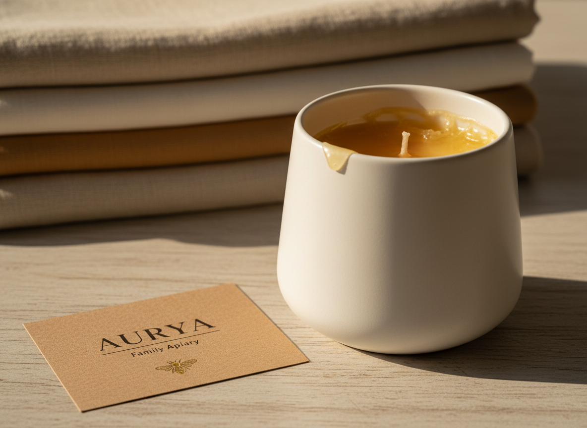A sophisticated product scene featuring an AURYA-branded beeswax candle in a matte, off-white ceramic vessel with clean lines and a slightly tapered profile, placed on a fine-grained light wood surface. Next to it lies a simple kraft paper label with understated typography and a small, elegant bee icon. Behind, a softly blurred stack of neatly folded natural linen in warm neutral tones adds depth. Warm, diffused morning light from the right creates gentle reflections on the ceramic and subtle shadows, enhancing the natural honey-gold wax visible inside the vessel. Photographic realism, eye-level composition with rule-of-thirds framing, conveying understated luxury, authenticity, and a connection to the family apiary.