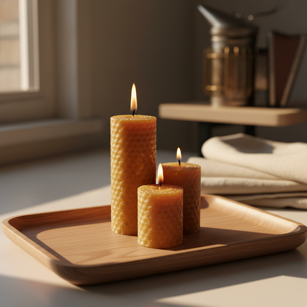 A small group of three beeswax candles in varying heights and simple cylindrical shapes, arranged on a light oak wooden tray with a fine, satin finish. The wax is a warm, natural amber with tiny, nearly imperceptible specks hinting at its raw origin. One candle is lit, its flame steady, creating gentle reflections and a soft glow on the surrounding wax. Background elements include an out-of-focus stack of folded undyed cotton cloth and a subtle hint of a beehive smoker on a distant shelf. Golden hour sunlight filters in from a window, casting elongated, gentle shadows. Photographic realism, shot at a slightly elevated angle with rule-of-thirds framing for an elegant, cozy, yet refined atmosphere.